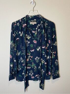 LOFT Navy Floral Button-Front Blouse with Tie Detail